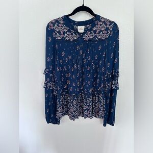 Knox Rose Women’s Boho Floral Peasant Top Blue Long Sleeve Ruffle Hem Size S